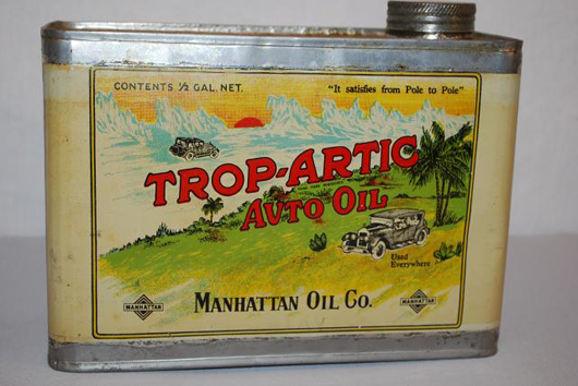 Manhattan Trop-Artic Auto half-gallon flat metal can with sedan graphic, rated 9+, $3,300. Image courtesy of Matthews Auctions LLC.